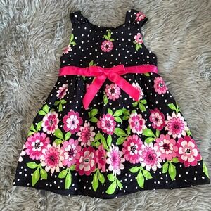 Rare Too Vintage Toddler Baby Dress Navy Pink Flowers Polka Dot Girls 12 Months
